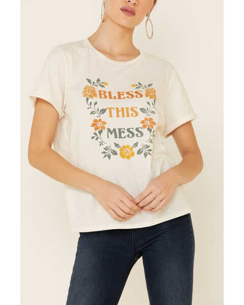 Image #3 - Cut & Paste Women's Bless This Mess Floral Graphic Short Sleeve Tee  , Ivory, hi-res