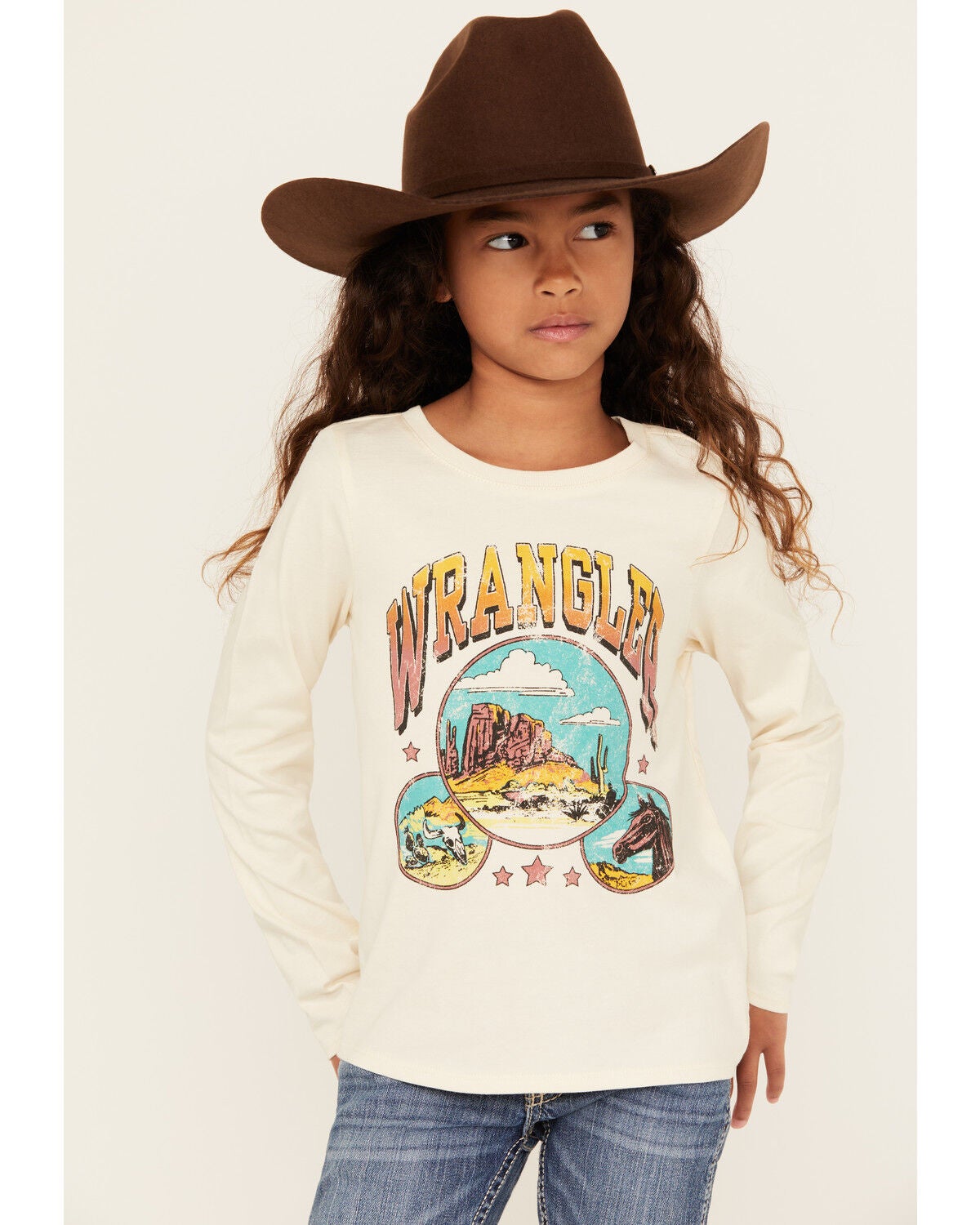Wrangler Girls' Desert Logo Long Sleeve Graphic Shirt, White, hi-res