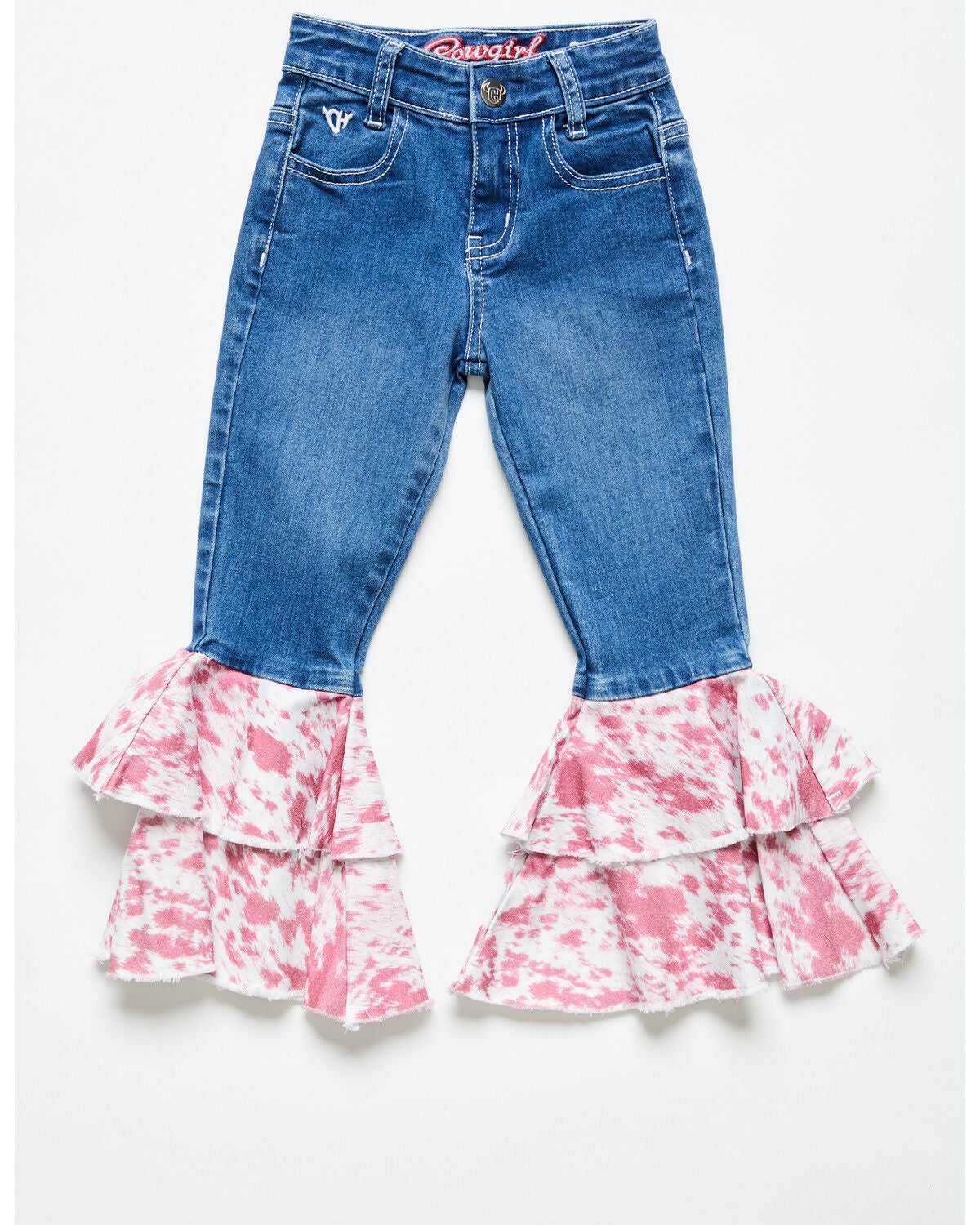 Cowgirl Hardware Toddler Girls' Cowhide Print Ruffle Stretch Flare Jeans, Multi, hi-res