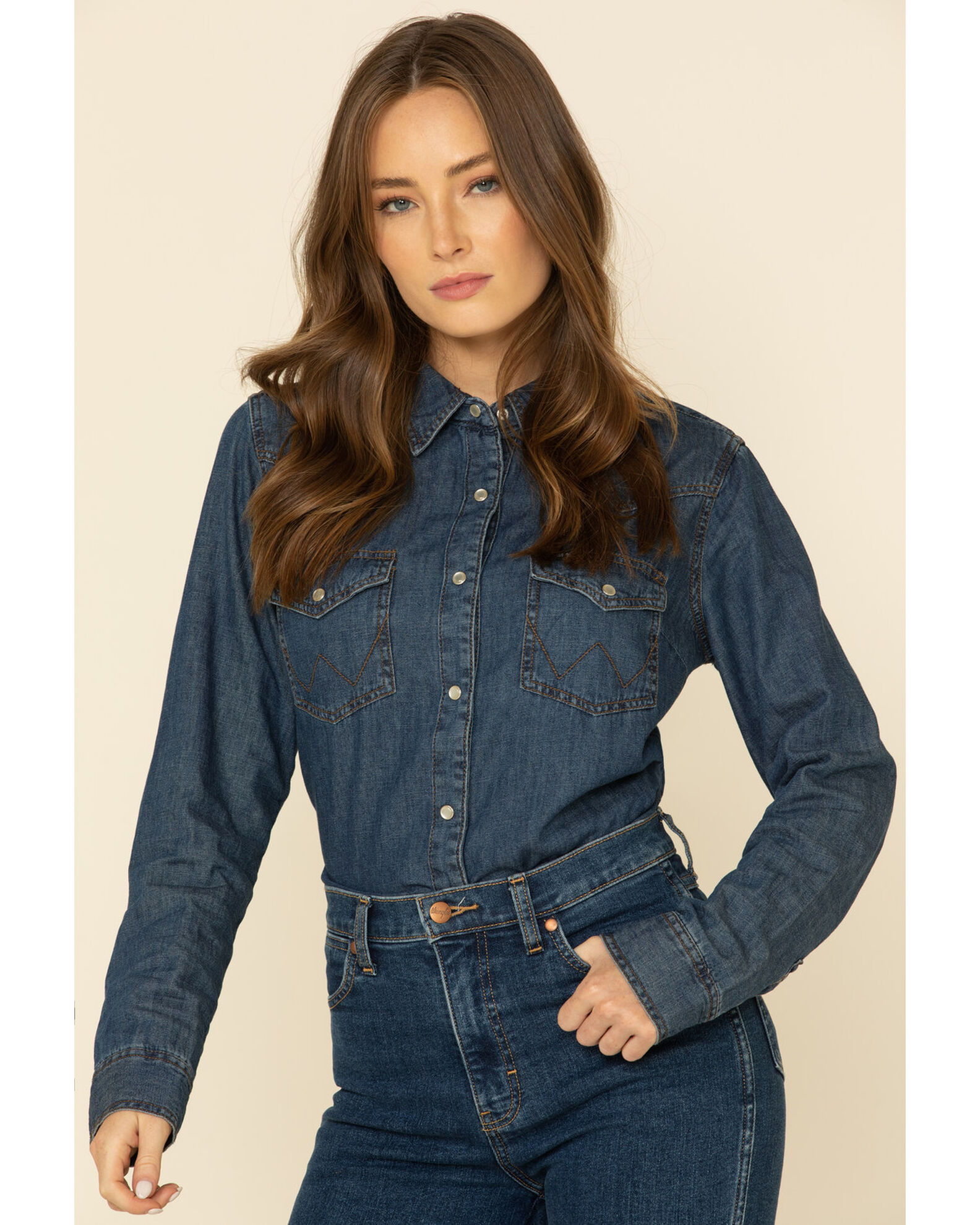 Wrangler Women's Dark Denim Washed Long Sleeve Western Shirt | Boot Barn