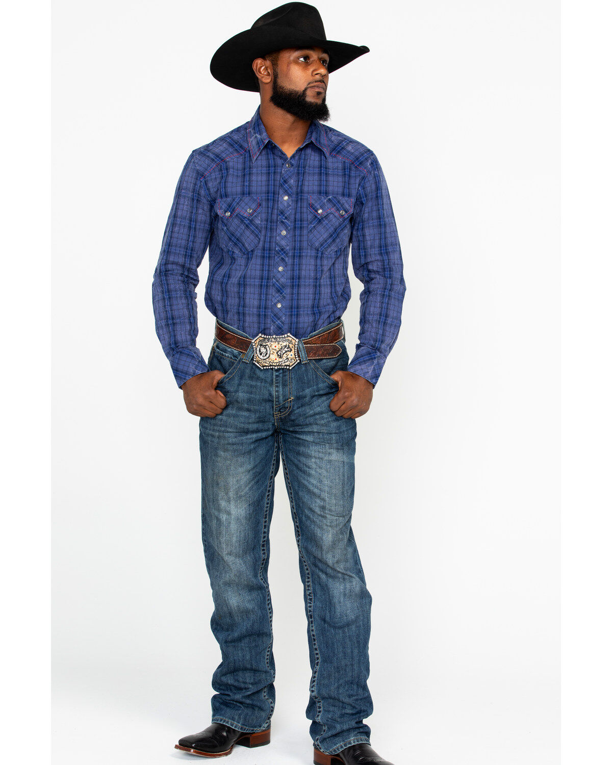 Image #6 - Rock & Roll Denim Men's Plaid Print Long Sleeve Western Shirt, Light Blue, hi-res