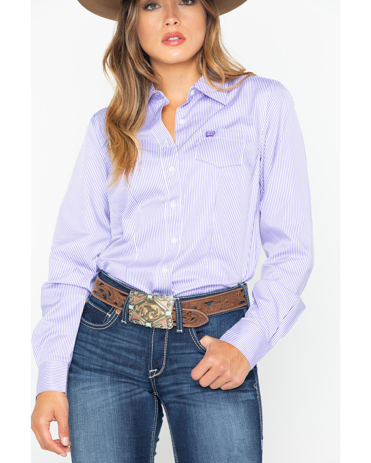 Cinch Women's Stripe Button Down Core Western Long Sleeve Shirt, Purple, hi-res