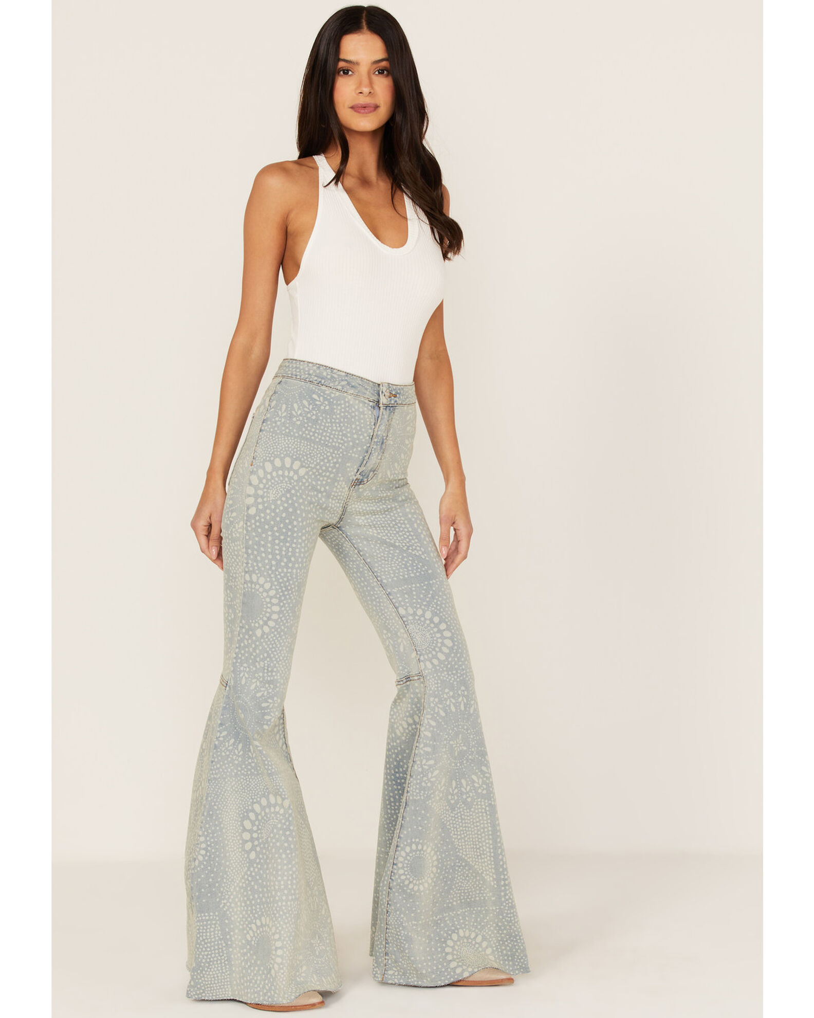 Product Name Free People Women s Light Wash High Rise Geo Print Just Float On Flare Jeans