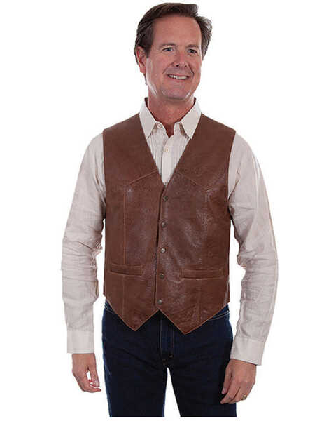 Scully Leatherwear Men's Tailored Vintage Lamb Leather Vest , Brown, hi-res