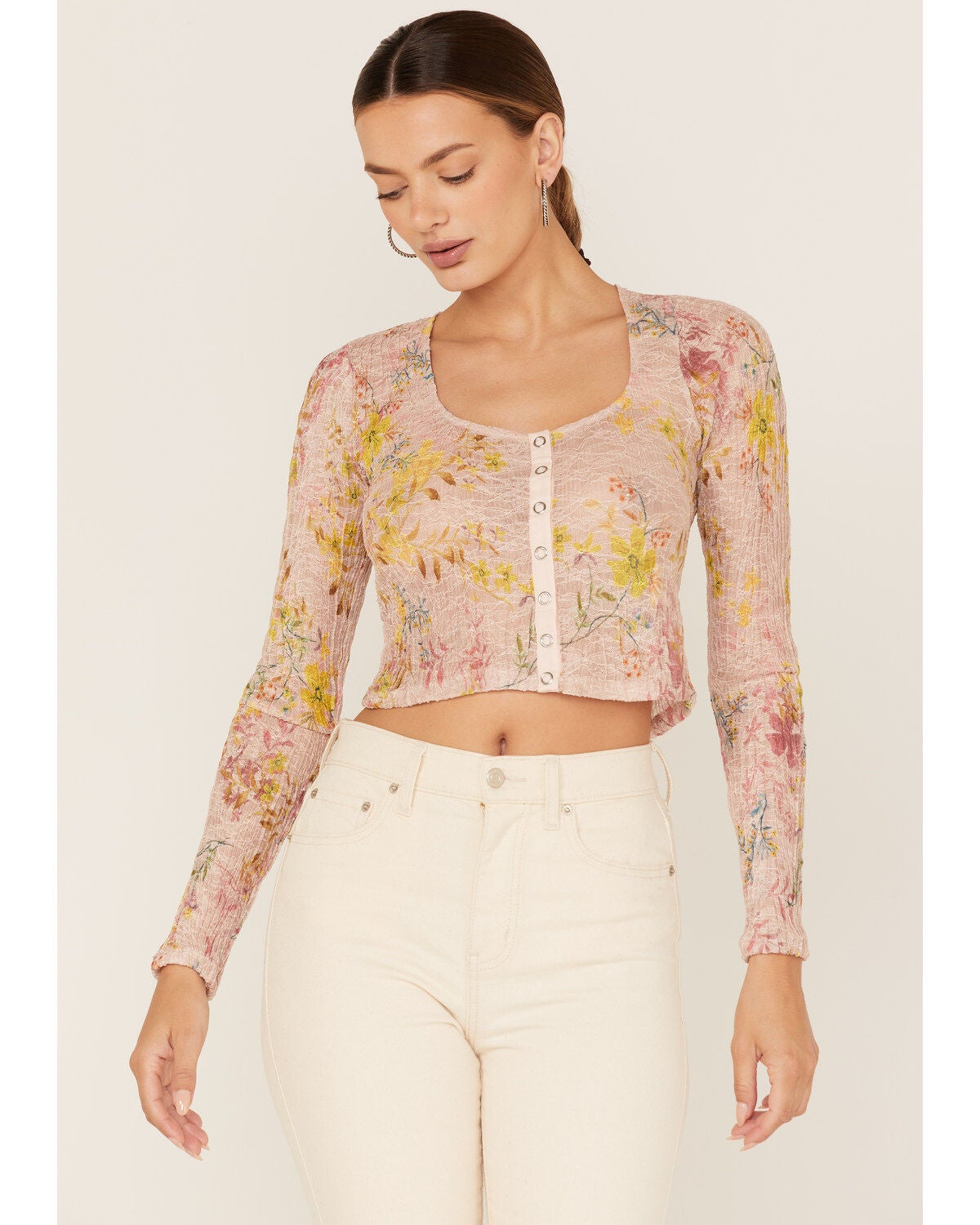 Free People Women's Angelina Floral Print Crop Top, Light Pink, hi-res