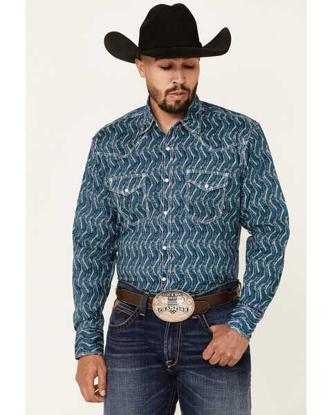 Wrangler 20X Men's Stippled Geo Print Long Sleeve Snap Western Shirt , Blue, hi-res