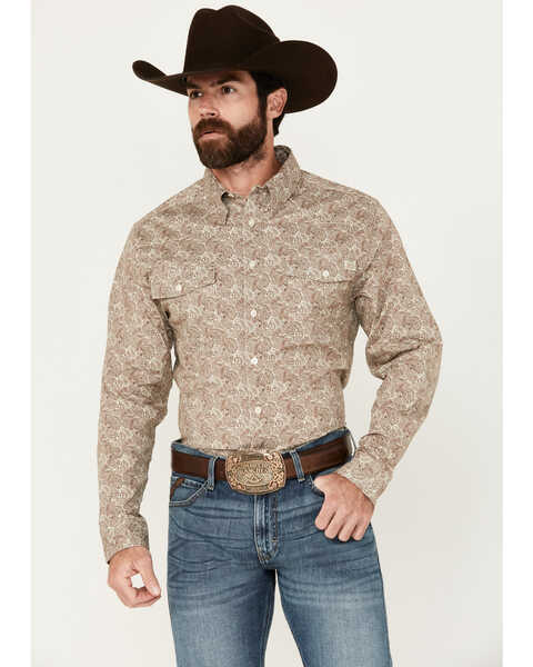 Justin Men's Boot Barn Exclusive Paisley Print JustFlex Long Sleeve Button-Down Western Shirt, Cream, hi-res