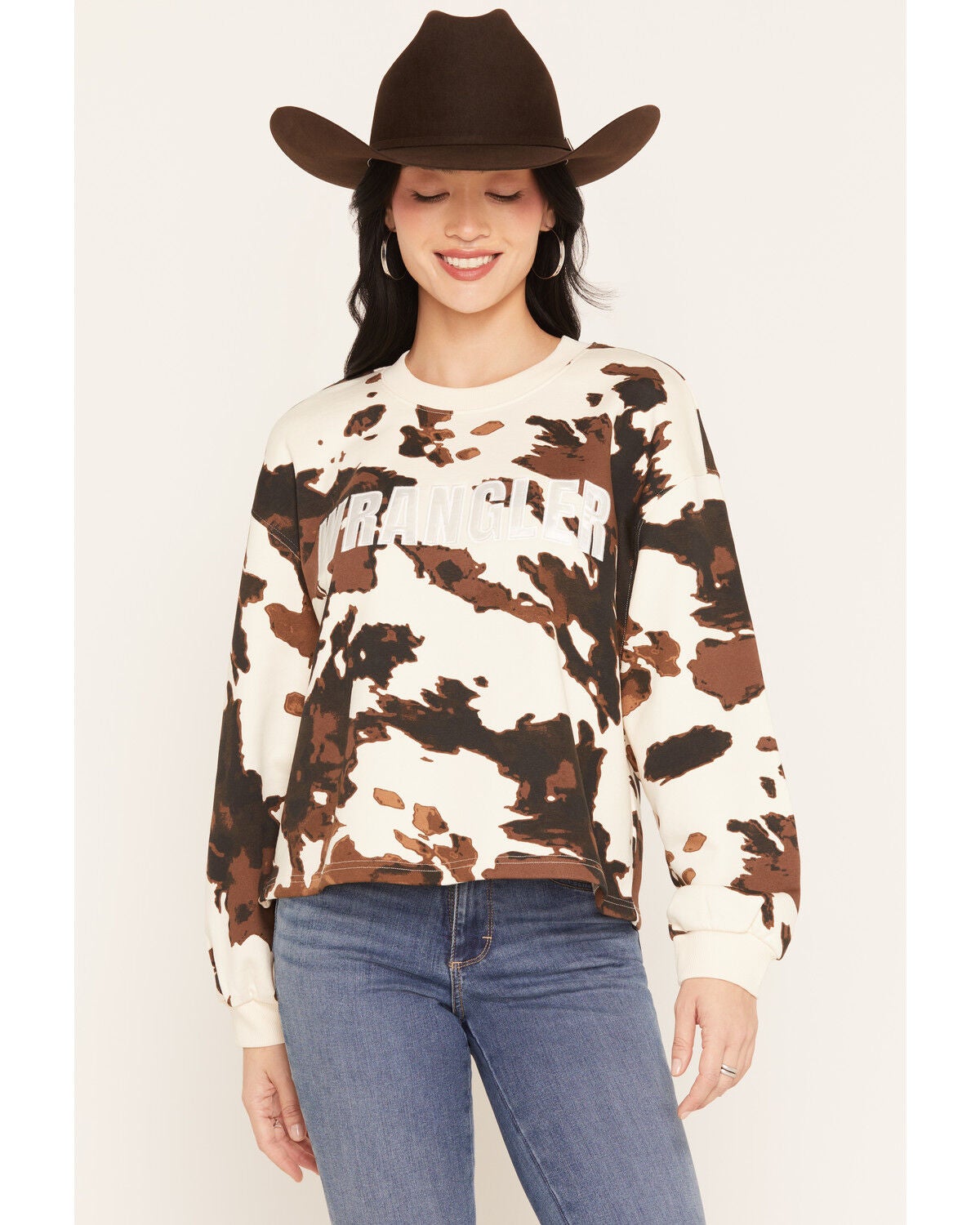 Image #1 - Wrangler Women's Cow Print Crew Neck Sweatshirt, Cream, hi-res