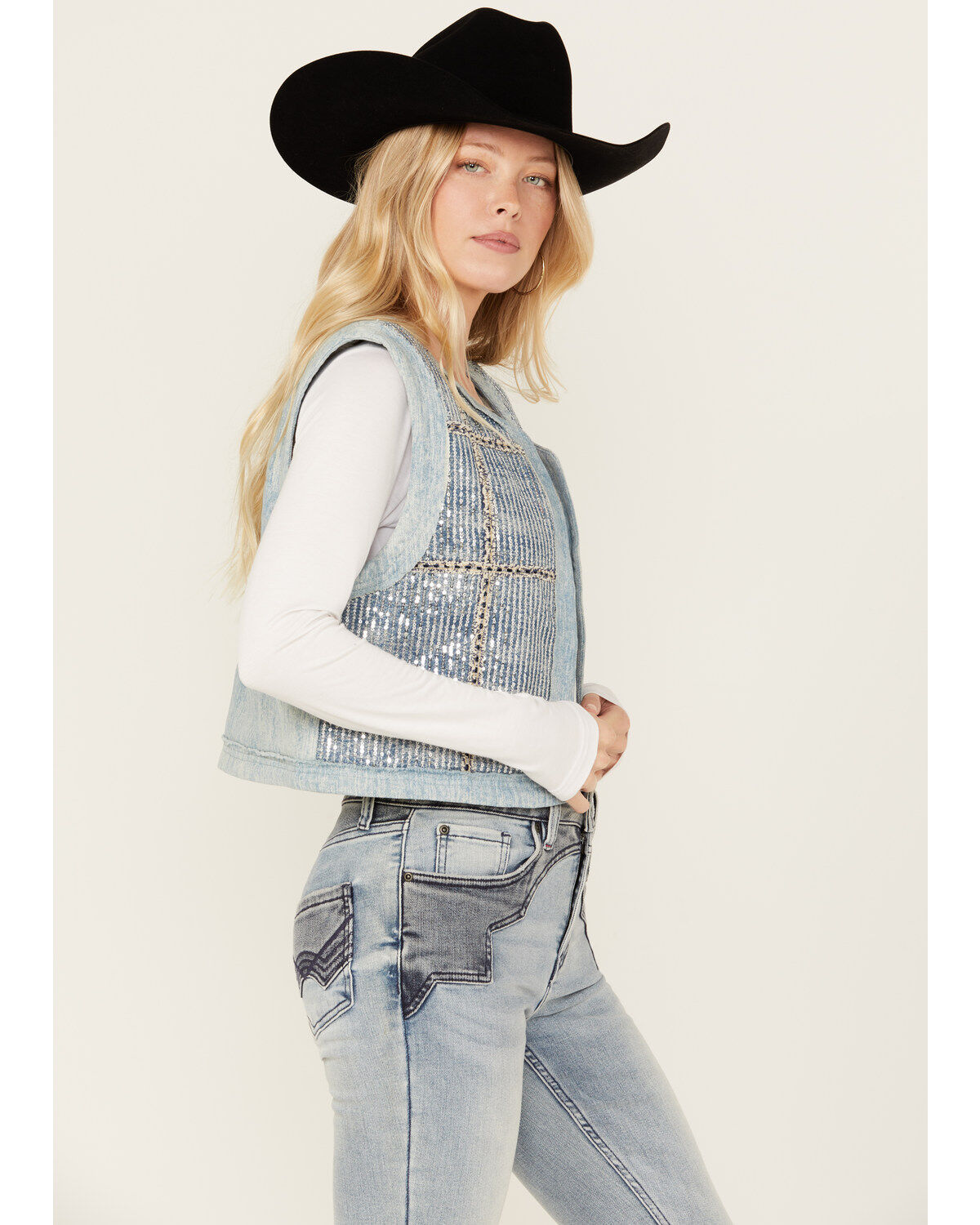 Image #3 - Miss Me Women's Denim Sequins Plaid Vest, Medium Blue, hi-res