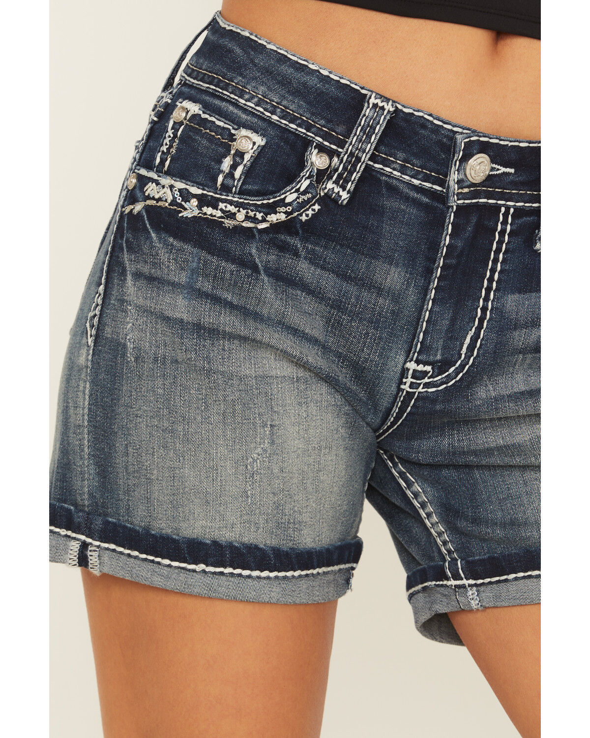 Product Name:  Grace In LA Women's Medium Wash Mid Rise Embroidered Stretch Denim Shorts