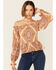 Flying Tomato Women's Boho Print Cold Shoulder Top, Brown, hi-res