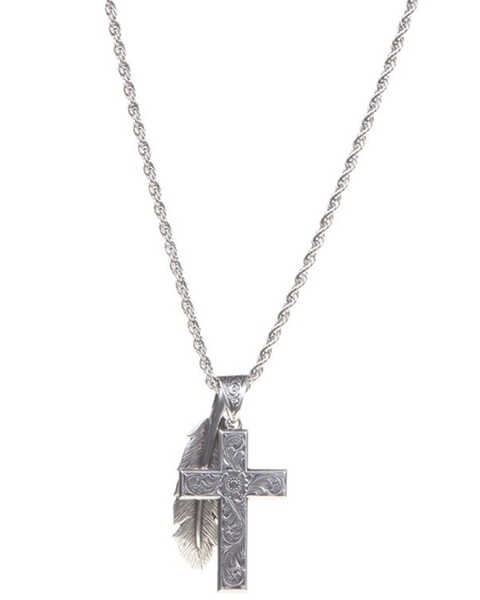 Twister Men's Silver Cross and Feather Pendant Necklace , Silver