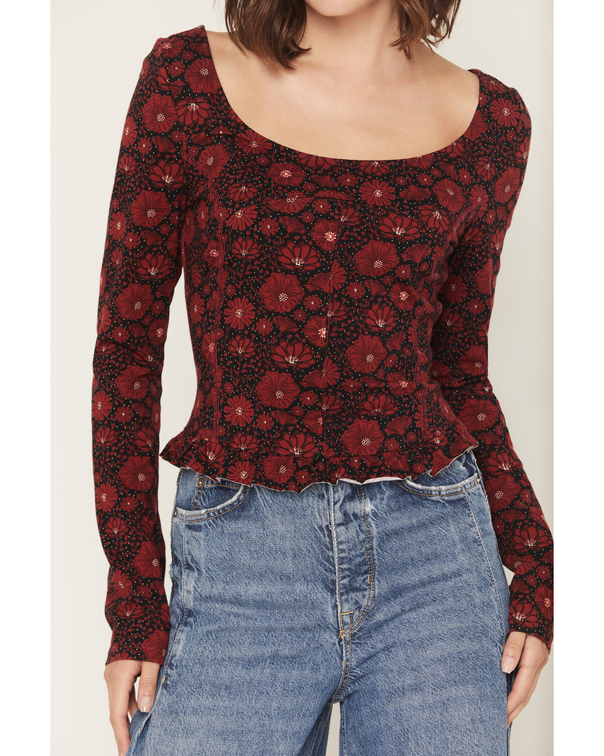 Image #3 - Rock & Roll Denim Women's Floral Print Long Sleeve Top, Red, hi-res