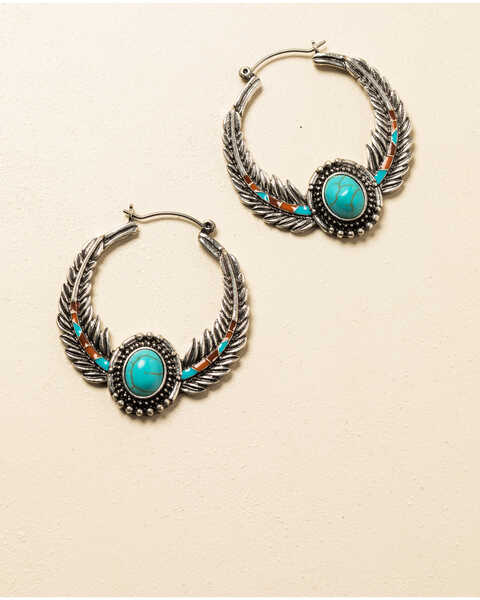 Image #1 - Shyanne Women's In The Oasis Small Feather Hoop Stone Earrings , , hi-res