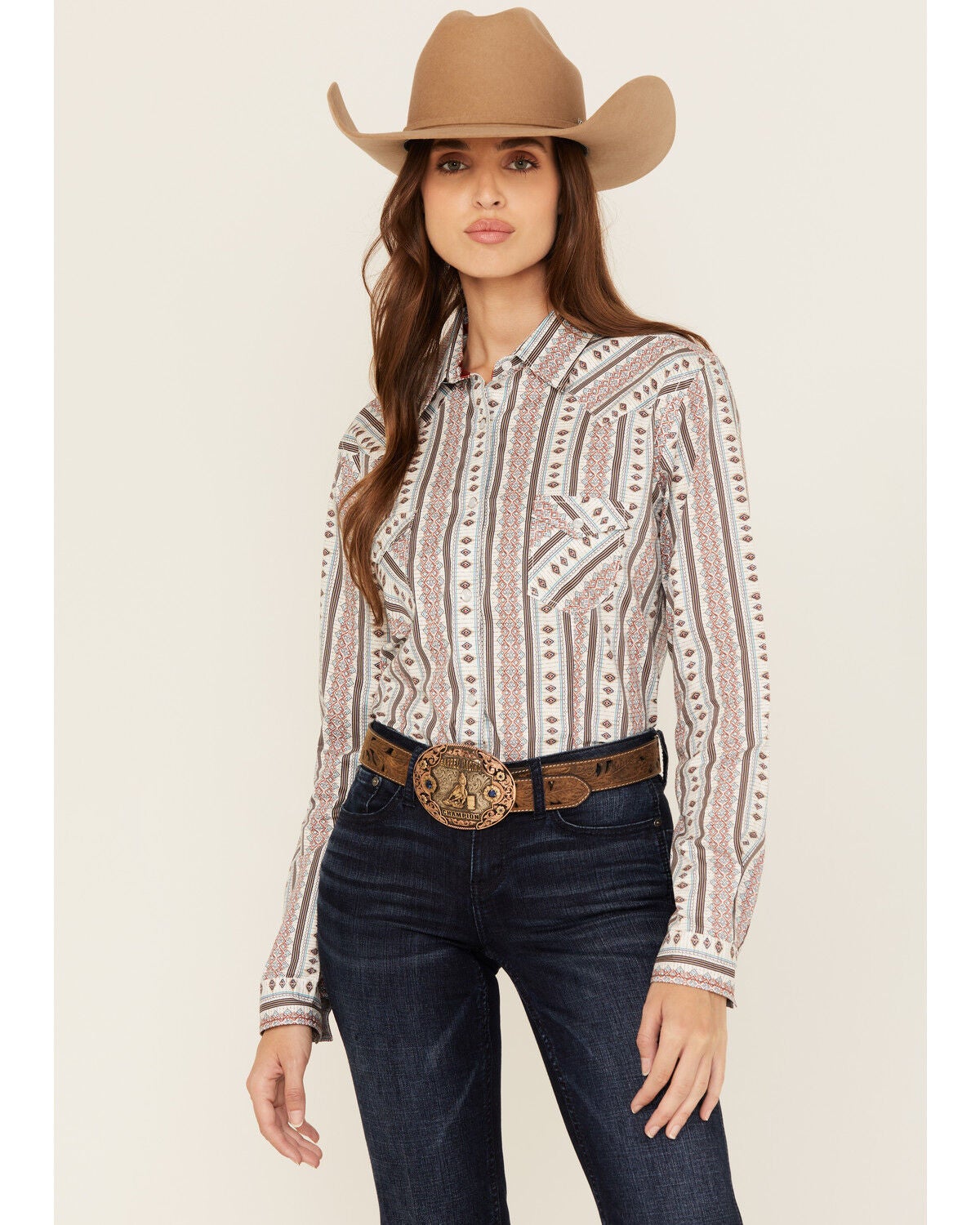 Rough Stock by Panhandle Women's Southwestern Striped Long Sleeve Pearl Snap Stretch Western Shirt, Multi, hi-res