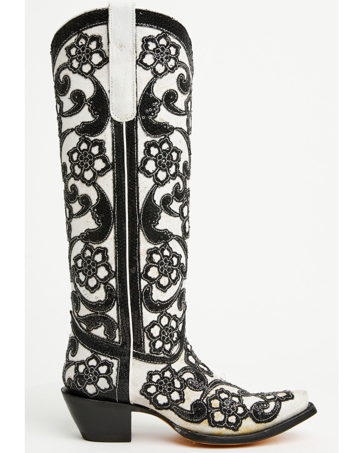 Image #2 - Corral Women's Floral Overlay Sequin Tall Western Boots - Snip Toe, Black/white, hi-res