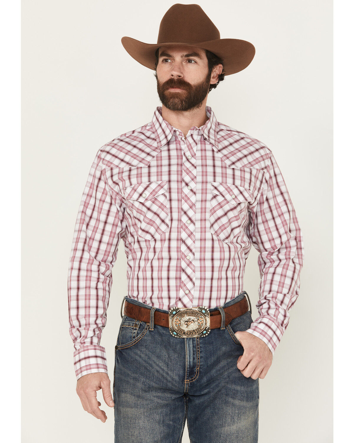 Image #1 - Wrangler Men's 20X Plaid Print Long Sleeve Button-Down Stretch Western Shirt, Wine, hi-res