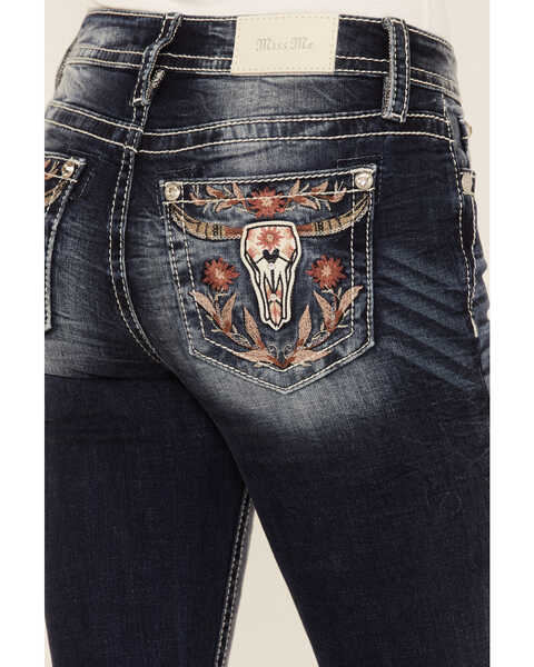 Image #2 - Miss Me Women's Medium Wash Mid Rise Embroidered Floral Steer Head & Sequin Bootcut Jeans , Dark Blue, hi-res