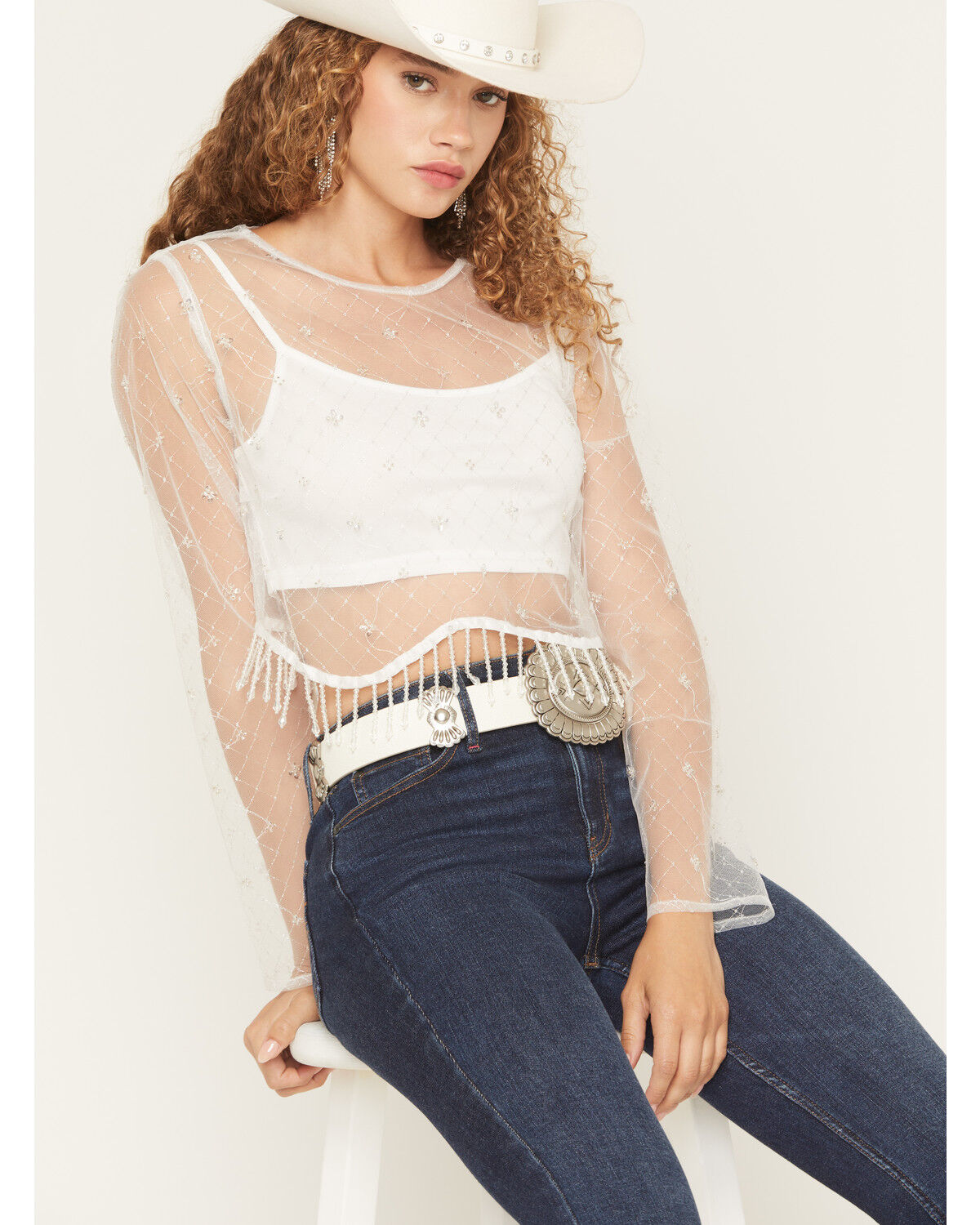 Image #1 - Blue B Women's Long Sleeve Mesh Metallic Fringe Crop Top, White, hi-res