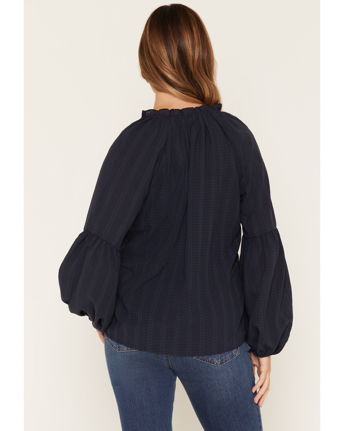 Image #4 - Lovestitch Women's Button Placket Peasant Blouse, Navy, hi-res