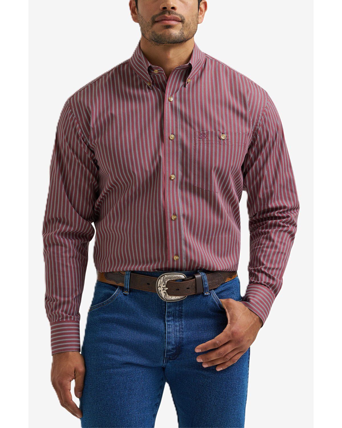 Wrangler Men's Classics Striped Long Sleeve Button-Down Western Shirt, Red, hi-res