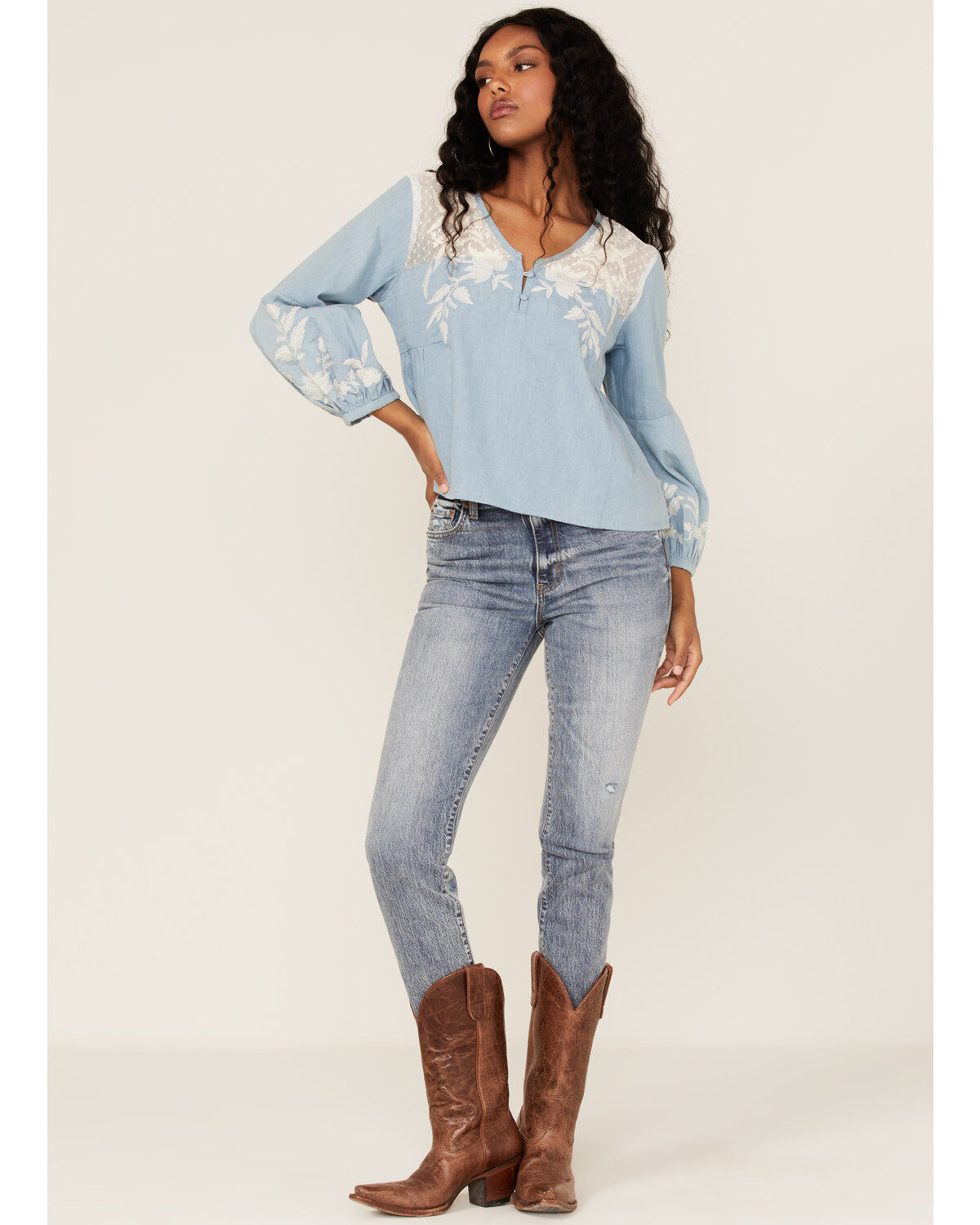 Image #2 - Roper Women's Denim Lace Embroidered Floral Peasant Top, Blue, hi-res