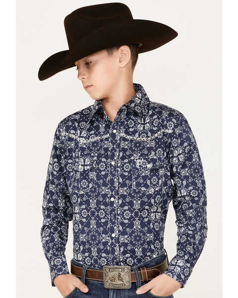 Cowboy Hardware Boys' Bandana Print Long Sleeve Pearl Snap Western Shirt, Navy, hi-res