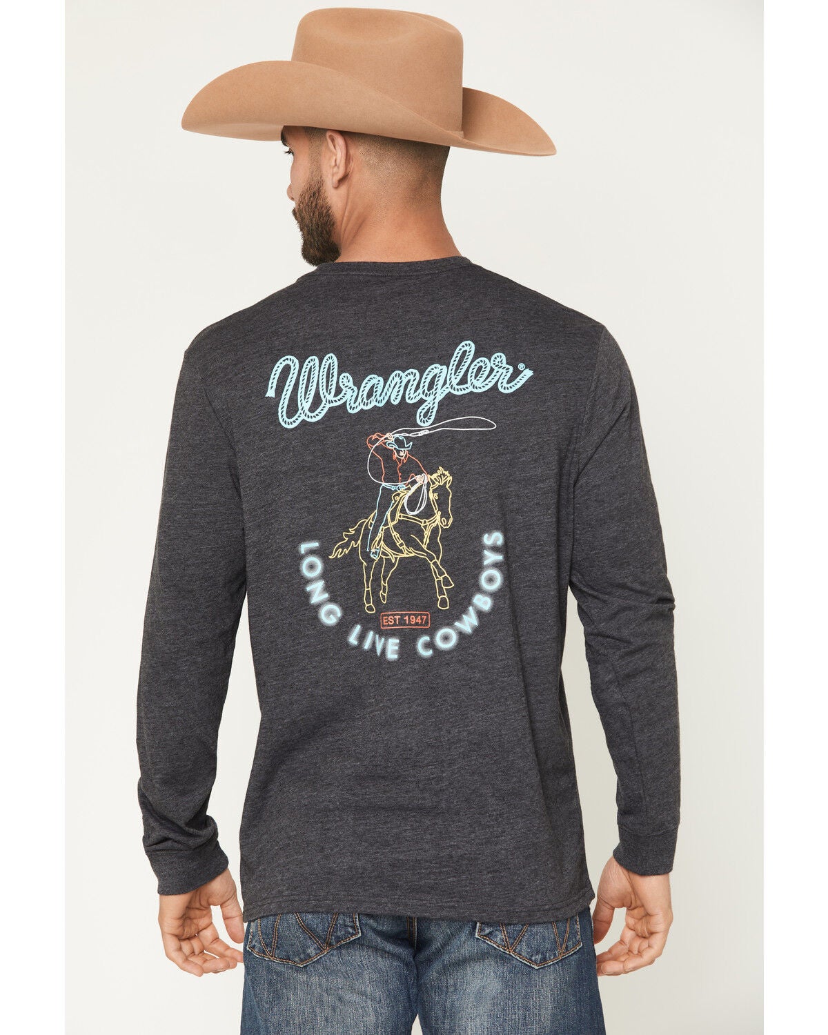 Wrangler Men's Long Live Cowboys Long Sleeve Graphic T-Shirt, Heather Grey, hi-res
