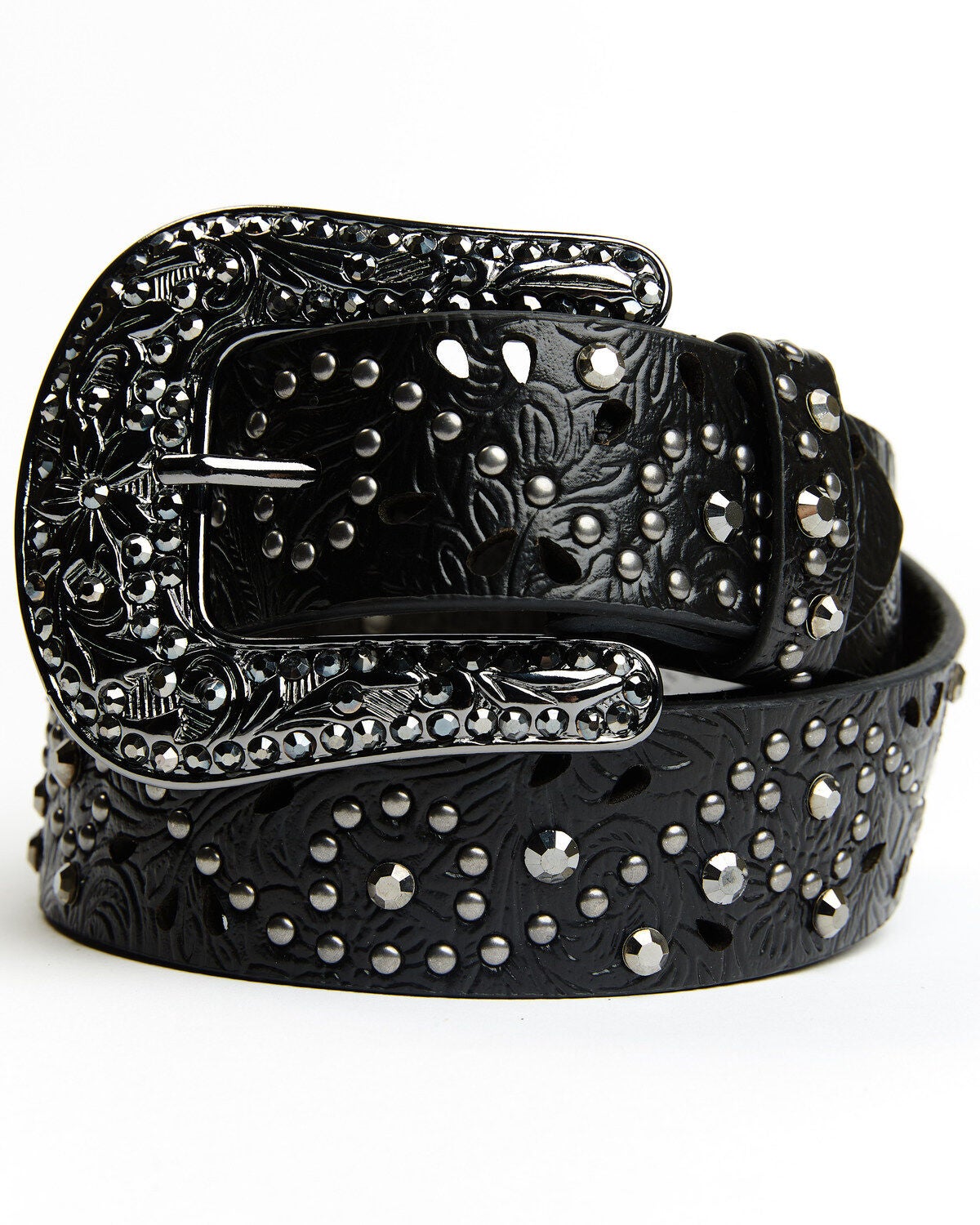 Shyanne Women's Black Floral Embossed Western Belt, Black, hi-res