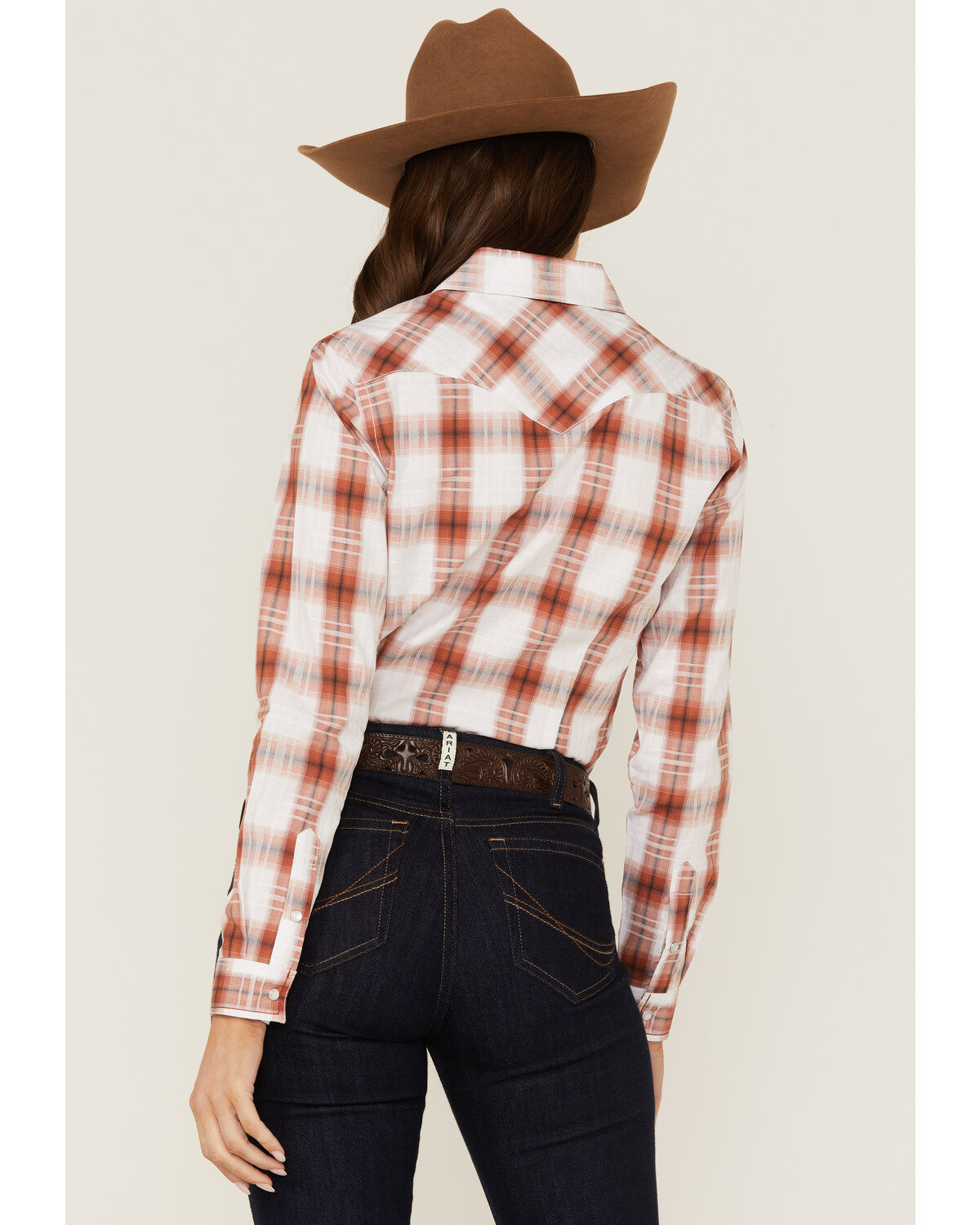 Image #4 - Rough Stock By Panhandle Women's Dobby Plaid Print Long Sleeve Western Pearl Snap Shirt, Red, hi-res