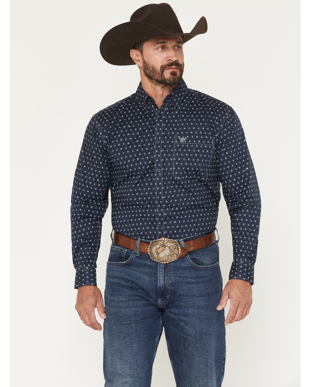 Cowboy Hardware Men's Mini Chevron Print Long Sleeve Button-Down Stretch Western Shirt, Navy, hi-res