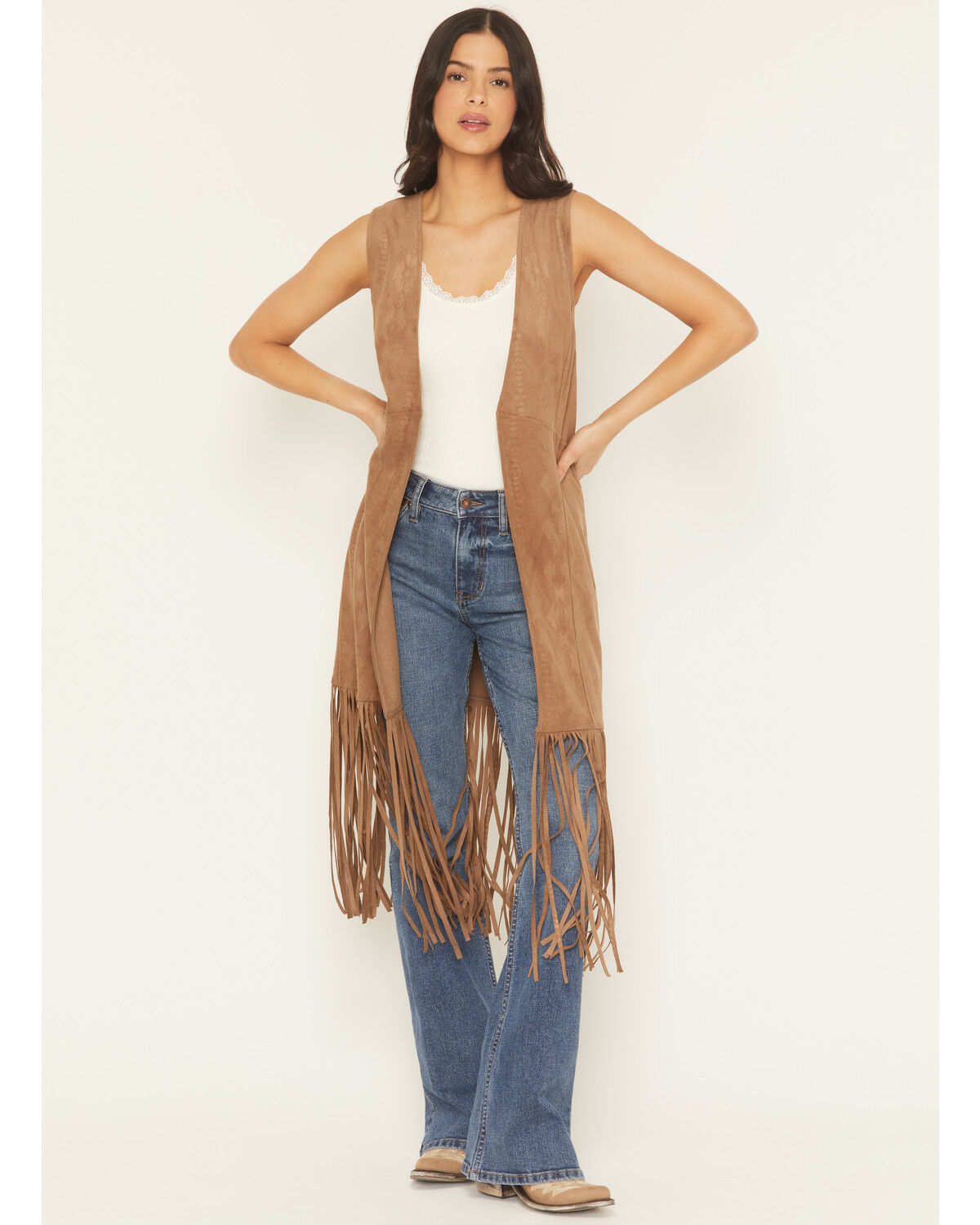 Shyanne Women's Embossed Southwestern Print Fringe Faux Suede Vest, Coffee, hi-res