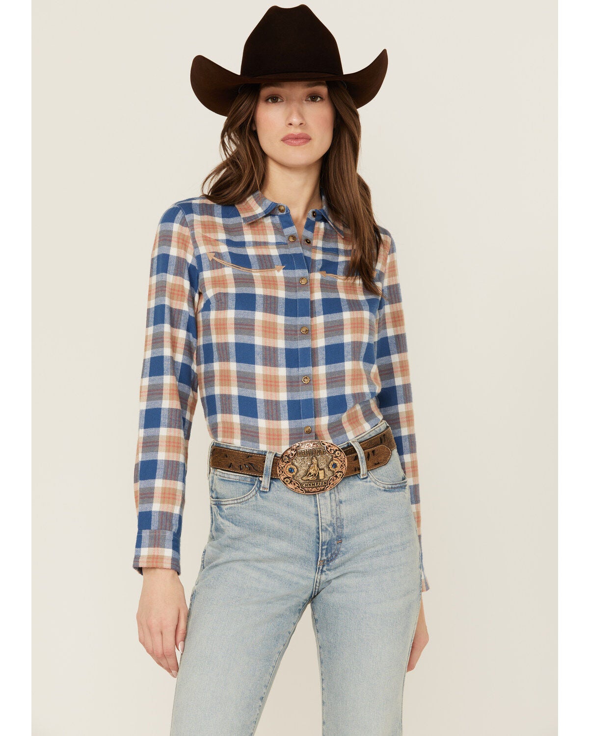 Shyanne Women's Plaid Print Long Sleeve Snap Flannel Shirt, Off White, hi-res