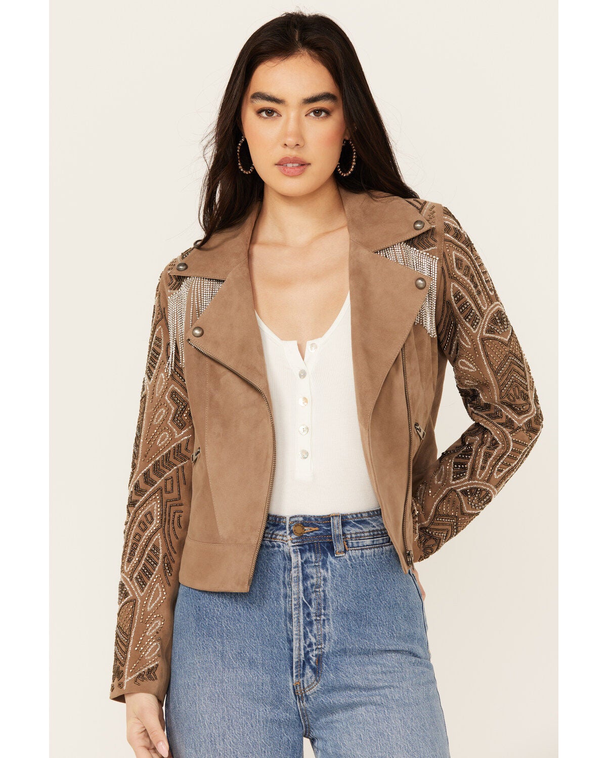 Image #1 - Wonderwest Women's Mountain Trail Embellished Suede Moto Jacket, , hi-res