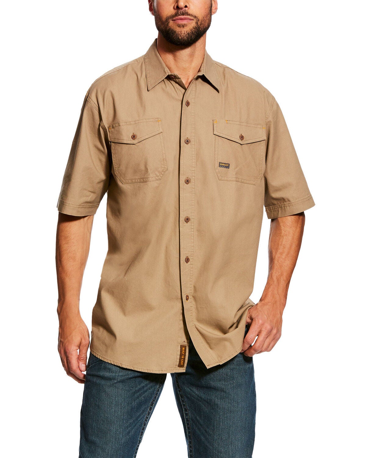 Ariat Men's Khaki Rebar Made Tough Vent Short Sleeve Work Shirt - Tall, Beige/khaki, hi-res