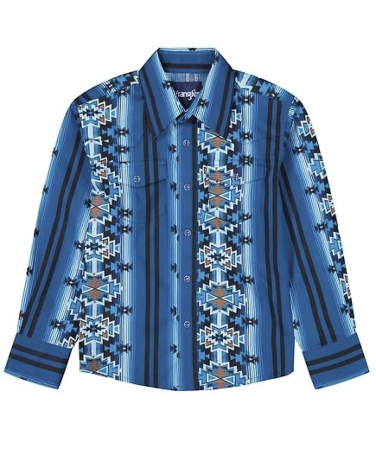 Image #1 - Wrangler Boys' Checotah Southwestern Striped Long Sleeve Pearl Snap Western Shirt, Blue, hi-res