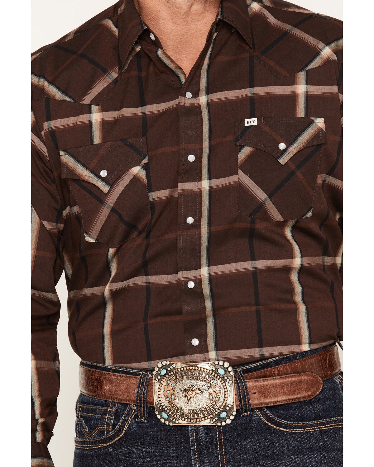 Image #3 - Ely Walker Men's Plaid Print Long Sleeve Pearl Snap Western Shirt, Black, hi-res