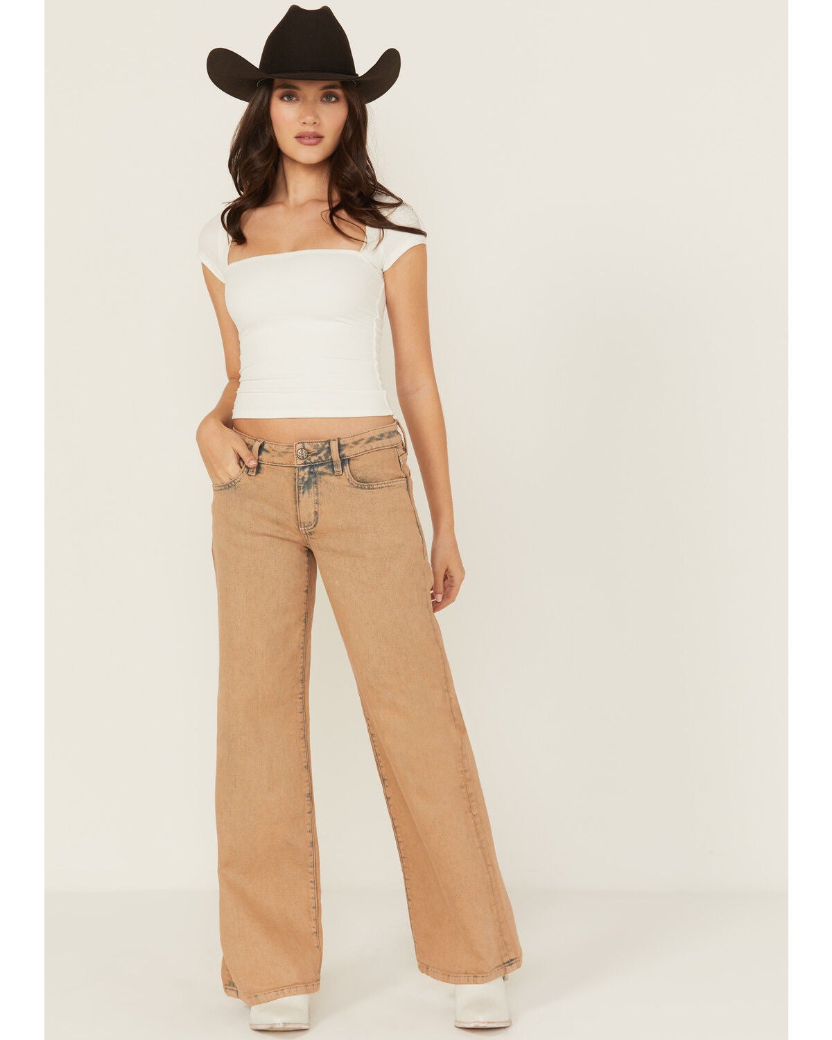 Miss Me Women's Mid Rise 32" Wide Leg Stretch Denim Jeans, Brown, hi-res