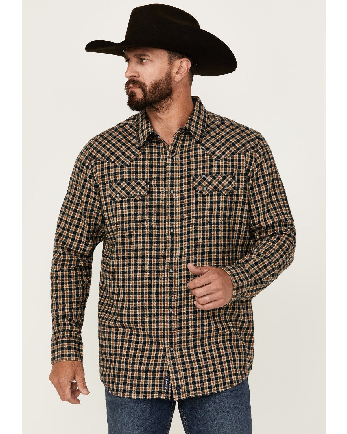 Moonshine Spirit&reg; Men's Bar Table Plaid Print Long Sleeve Snap Western Shirt, Navy, hi-res