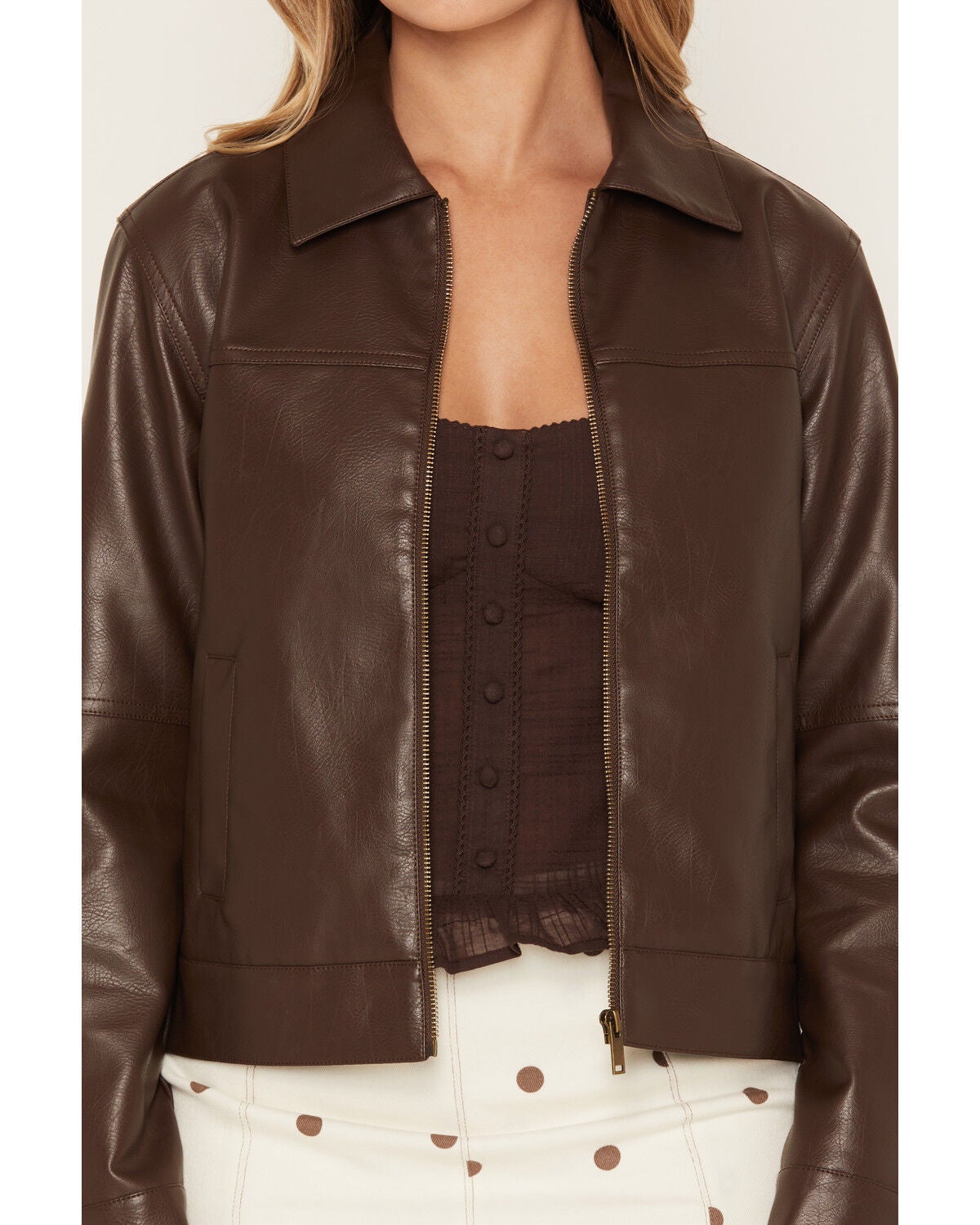 Image #3 - Stoosh Women's Faux Leather Zip Front Jacket, Brown, hi-res