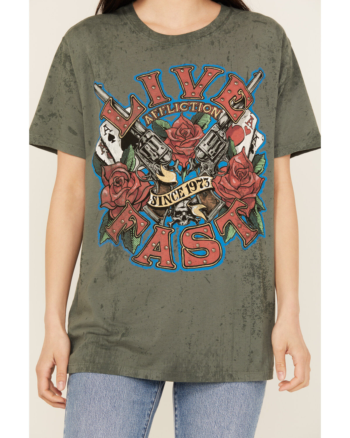 Image #3 - Affliction Women's Live Fast Studded Short Sleeve Graphic Tee, Grey, hi-res