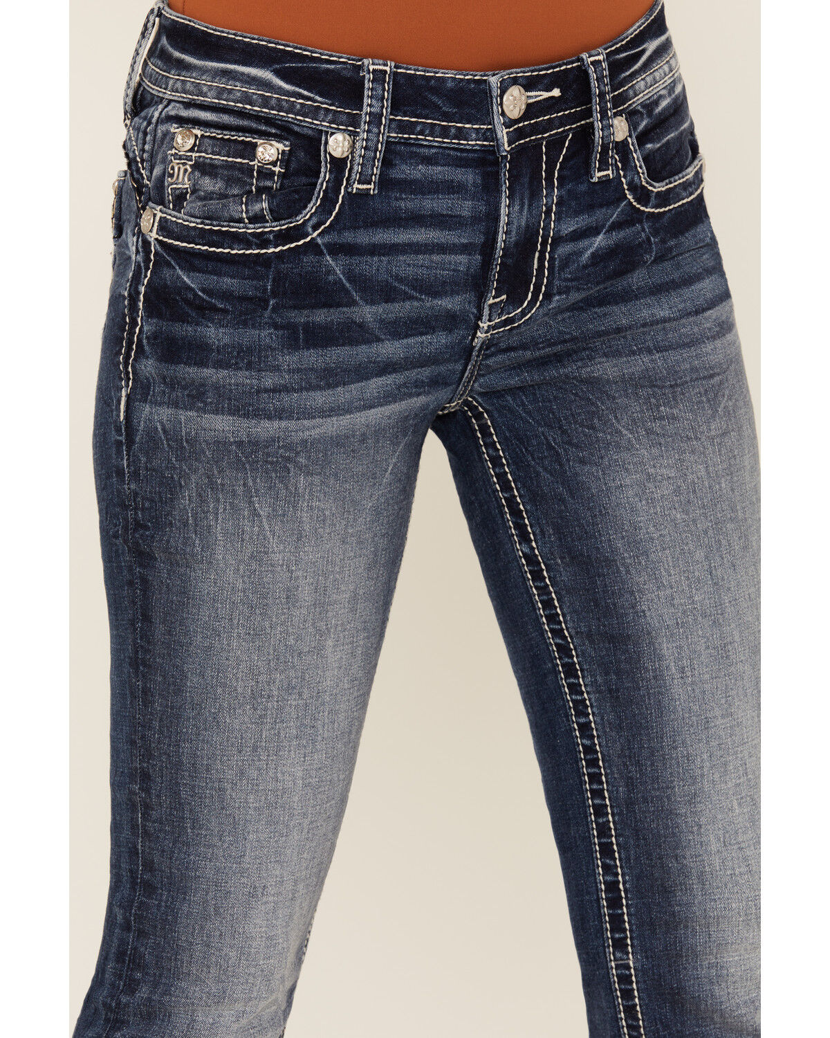 Image #4 - Miss Me Women's Dark Wash Mid Rise Agate Pocket 32" Bootcut Stretch Denim Jeans, Dark Wash, hi-res
