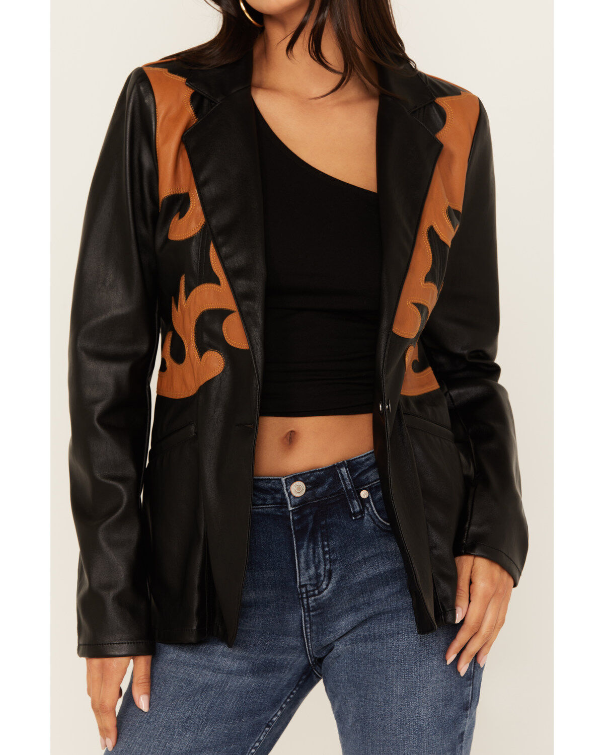 Image #3 - Rock & Roll Denim Women's Western Detail Faux Leather Blazer, Black, hi-res