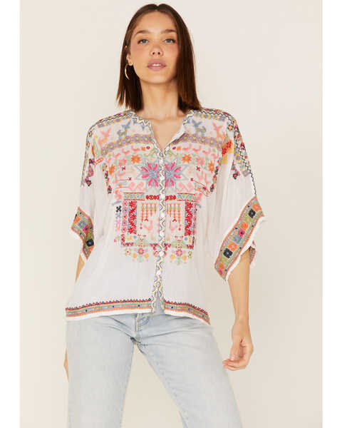Image #1 - Johnny Was Women's Xylia Embroidered Wildlife & Floral Short Sleeve Blouse, White, hi-res