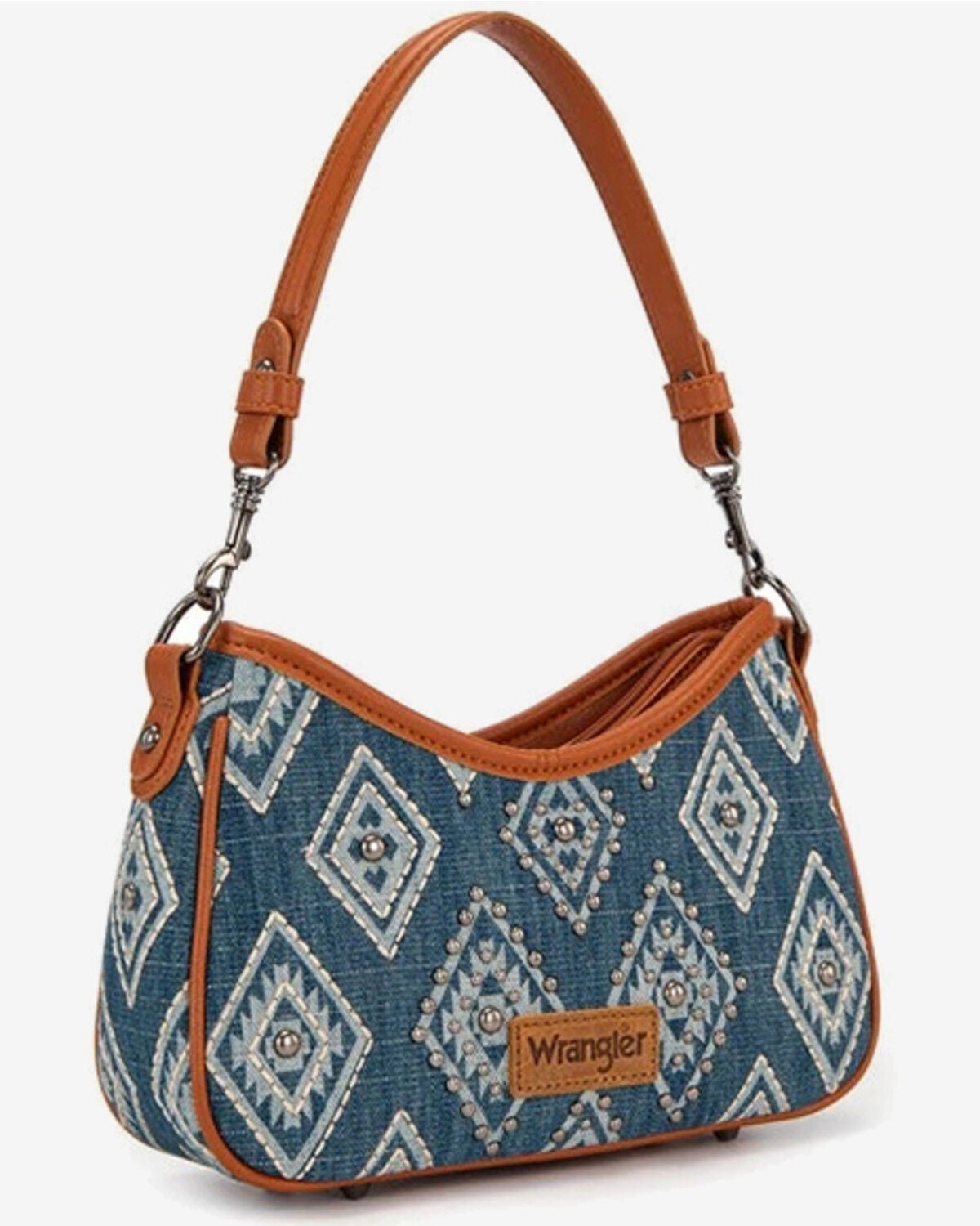 Image #4 - Wrangler Women's Southwestern Print Studded Denim Shoulder Bag with Mini Pouch, Dark Wash, hi-res