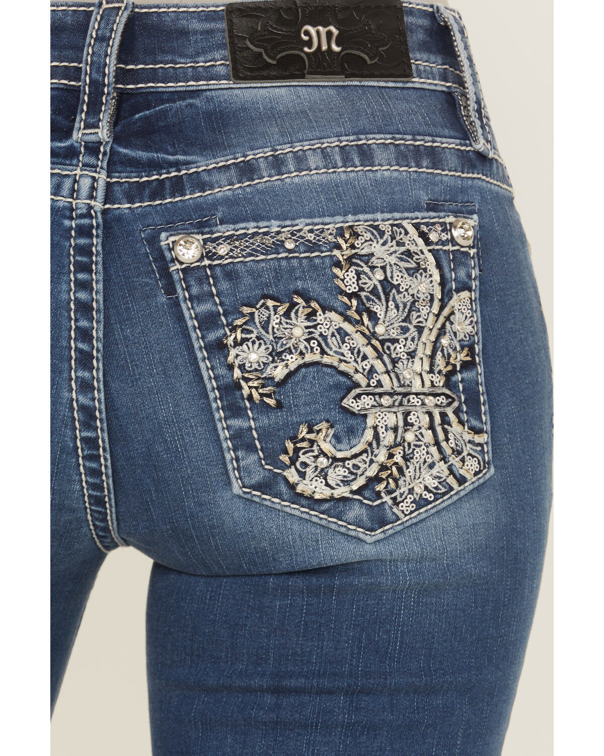 Miss Me Women's Medium Wash Mid Rise Fleur de Lis Pocket 32" Bootcut Stretch Denim Jeans