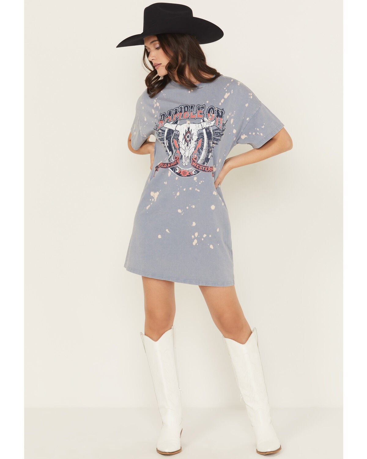 Image #1 - Rock & Roll Denim Women's Ramble On Short Sleeve Mini T-Shirt Dress, Blue, hi-res