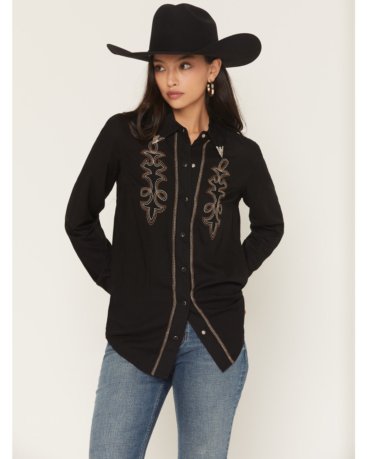 Rock & Roll Denim Women's Boot Stitch Collared Top Long Sleeve Snap Western Shirt, Black, hi-res