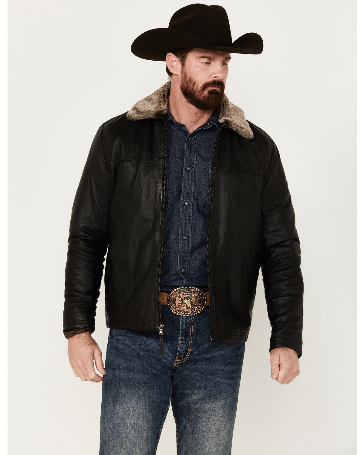 Image #1 - Scully Men's Leather Fur Collar Jacket, , hi-res