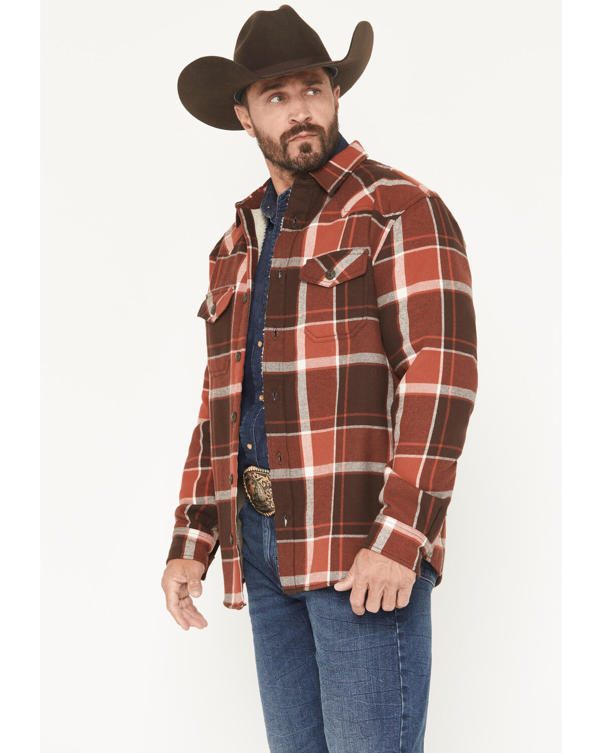 Image #2 - Cody James Men's Baxter Sherpa Lined Plaid Print Flannel Shirt Jacket, Rust Copper, hi-res